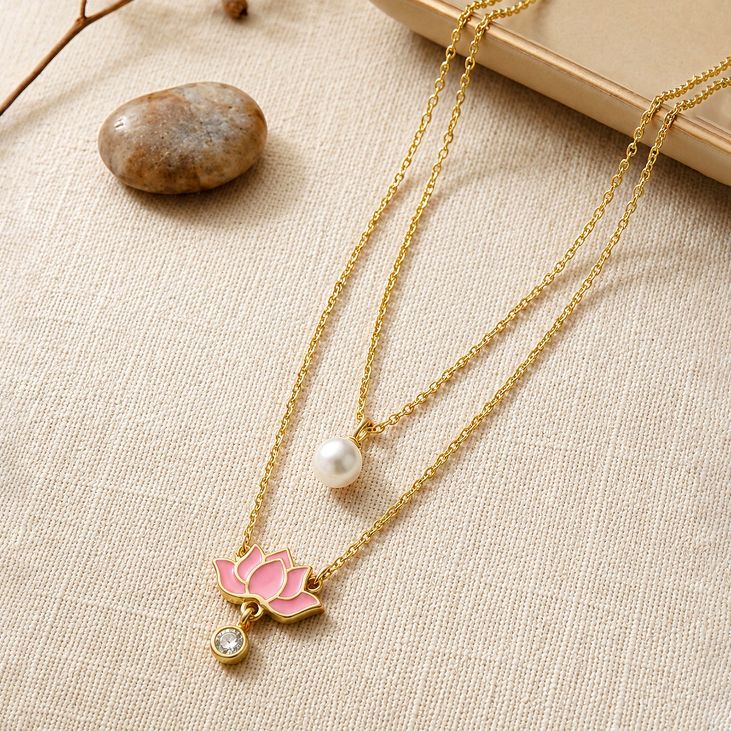 Artklim Pink Lotus & Pearl Layered Anti-Tarnish Pendant Necklace