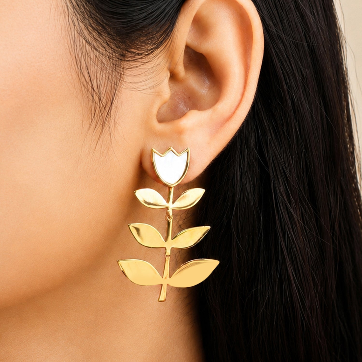 Artklim White Tulip Statement Leaf Anti-Tarnish Earring