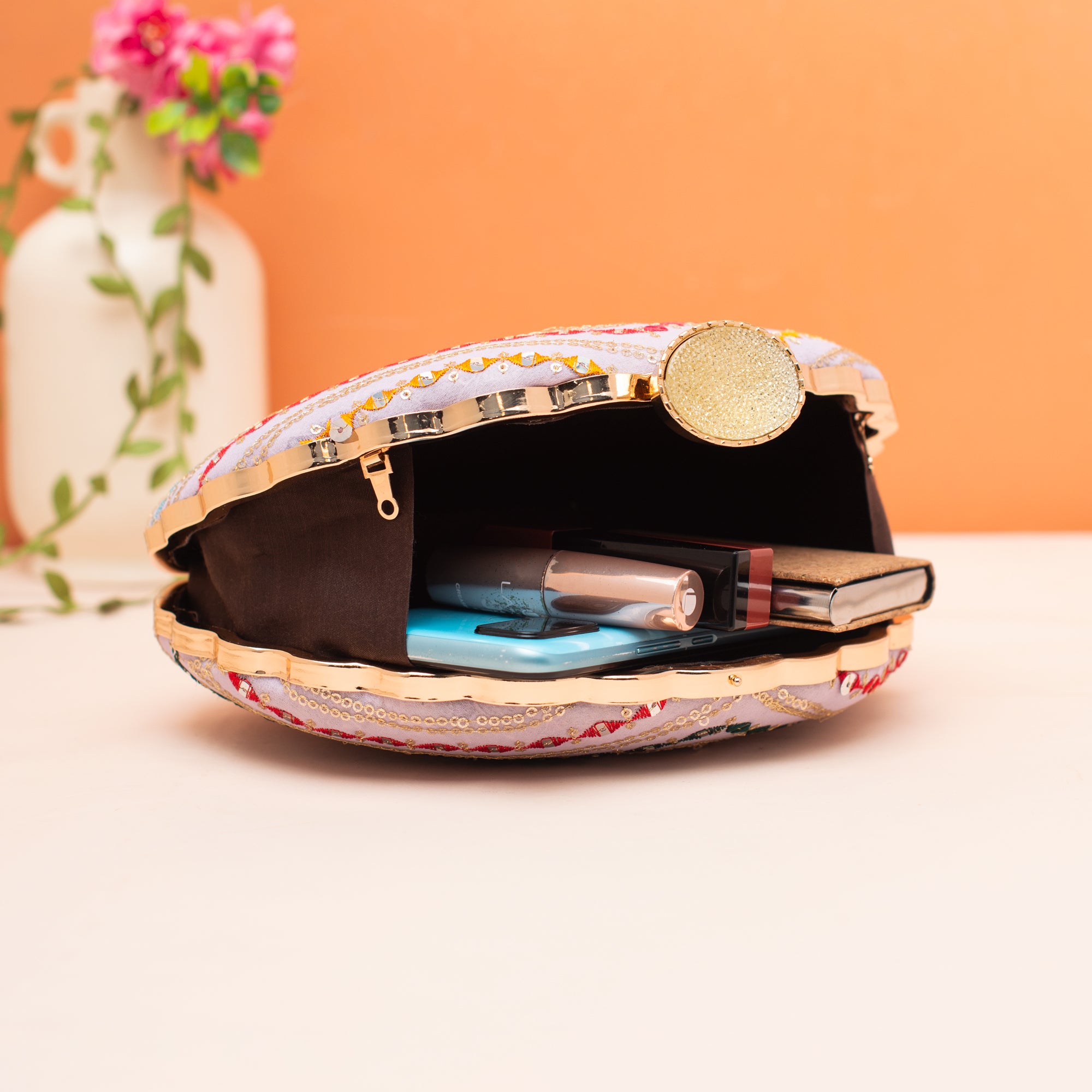Artklim Pink Sequins Embroidery D-shape Clutch