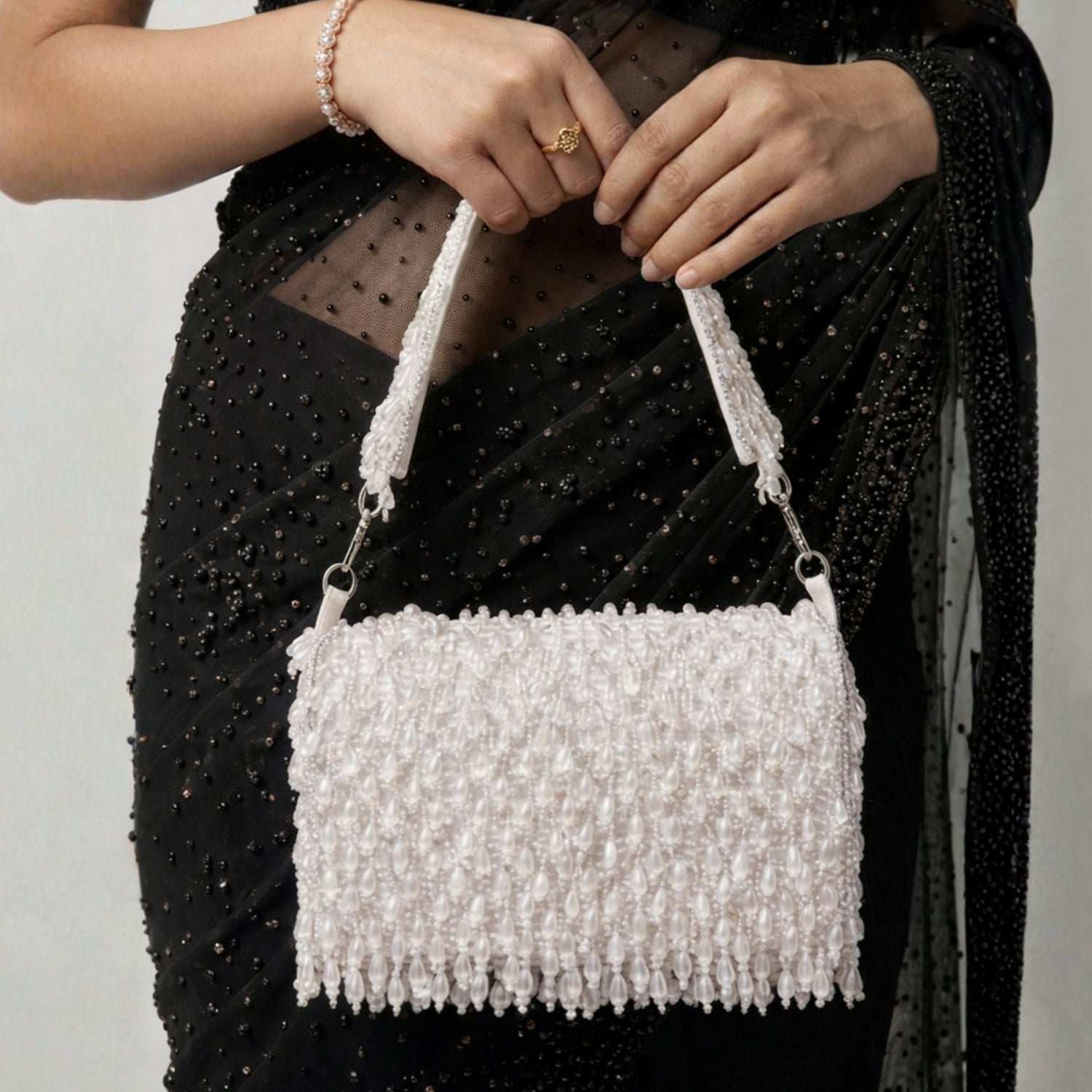 Artklim Crystal Pearl Fringe Clutch