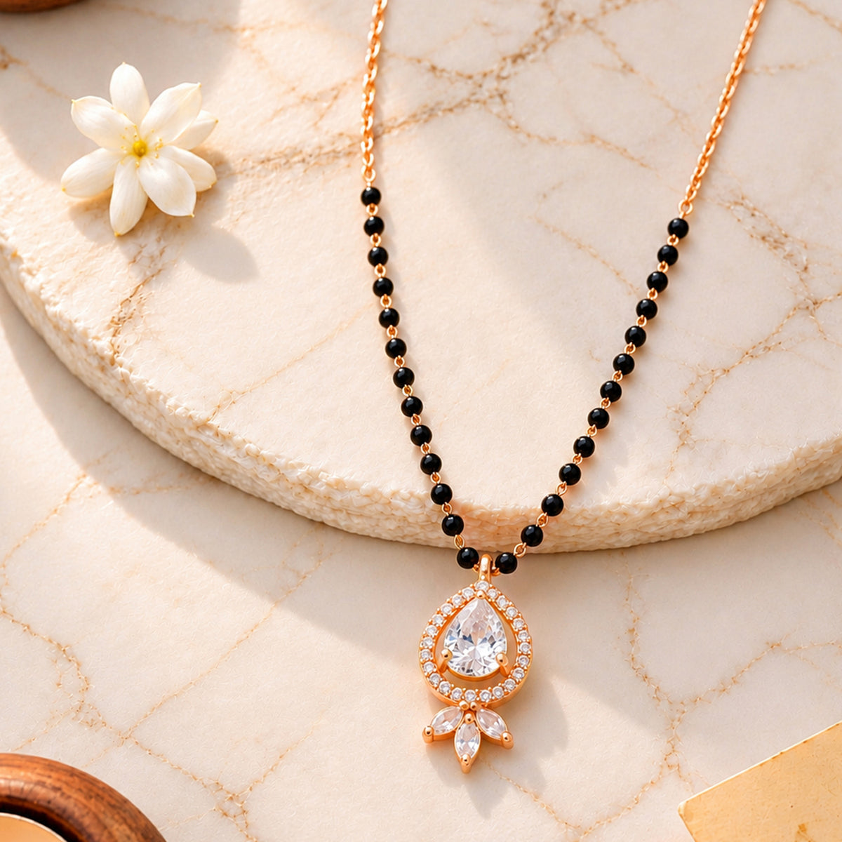 Artklim Elegant Rose Gold-Plated Teardrop Pendant Mangalsutra with Black Beads for Women