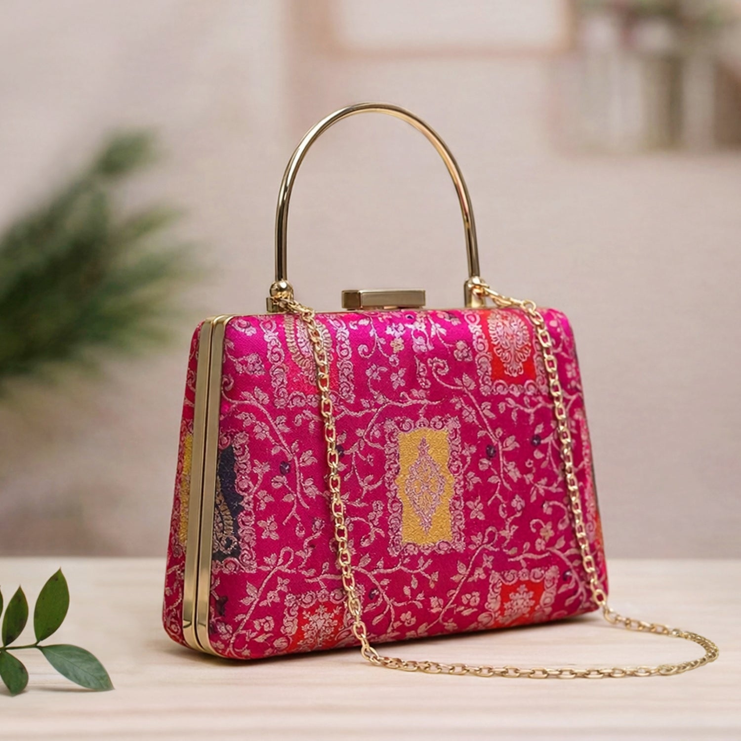 Artklim Pink Based Silver Pattern Printed Brocade Fabric Clutch