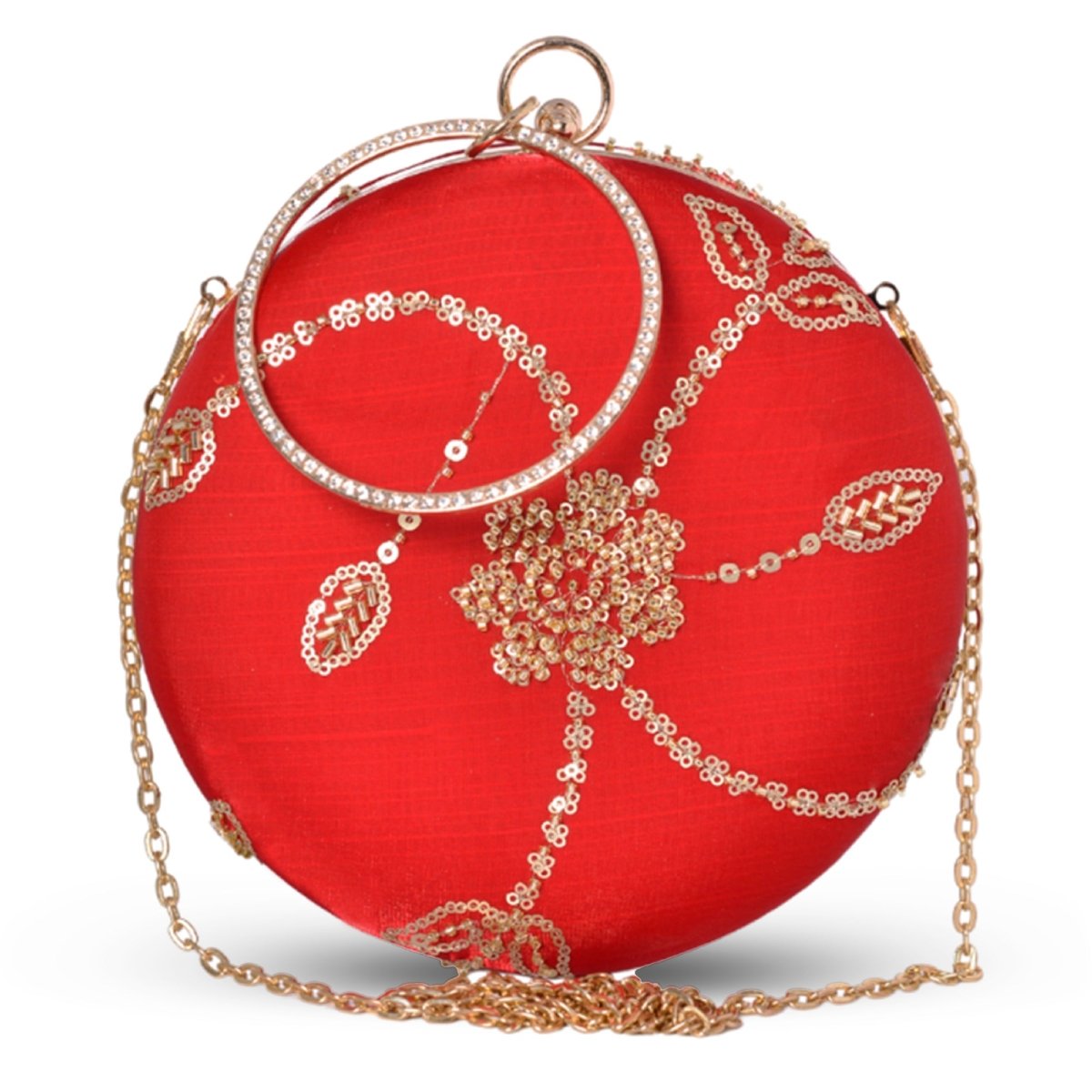Artklim Bright Red Based Golden Sequins Embroidery Clutch