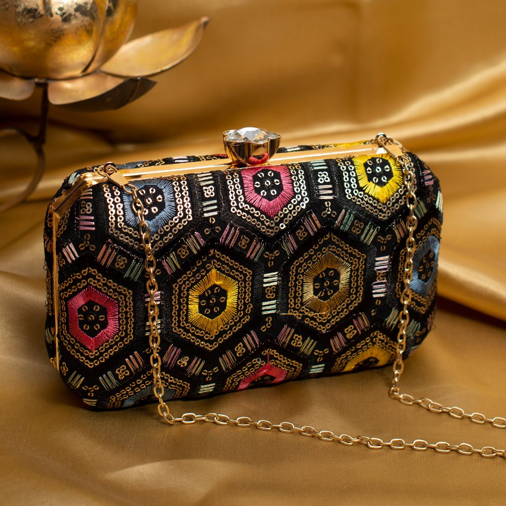 Black Rectangle Sequins Embroidery Clutch