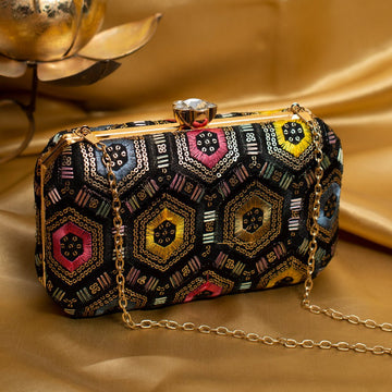 Black Rectangle Sequins Embroidery Clutch