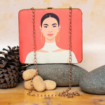 White Dress Woman Portrait Printed MDF Clutch