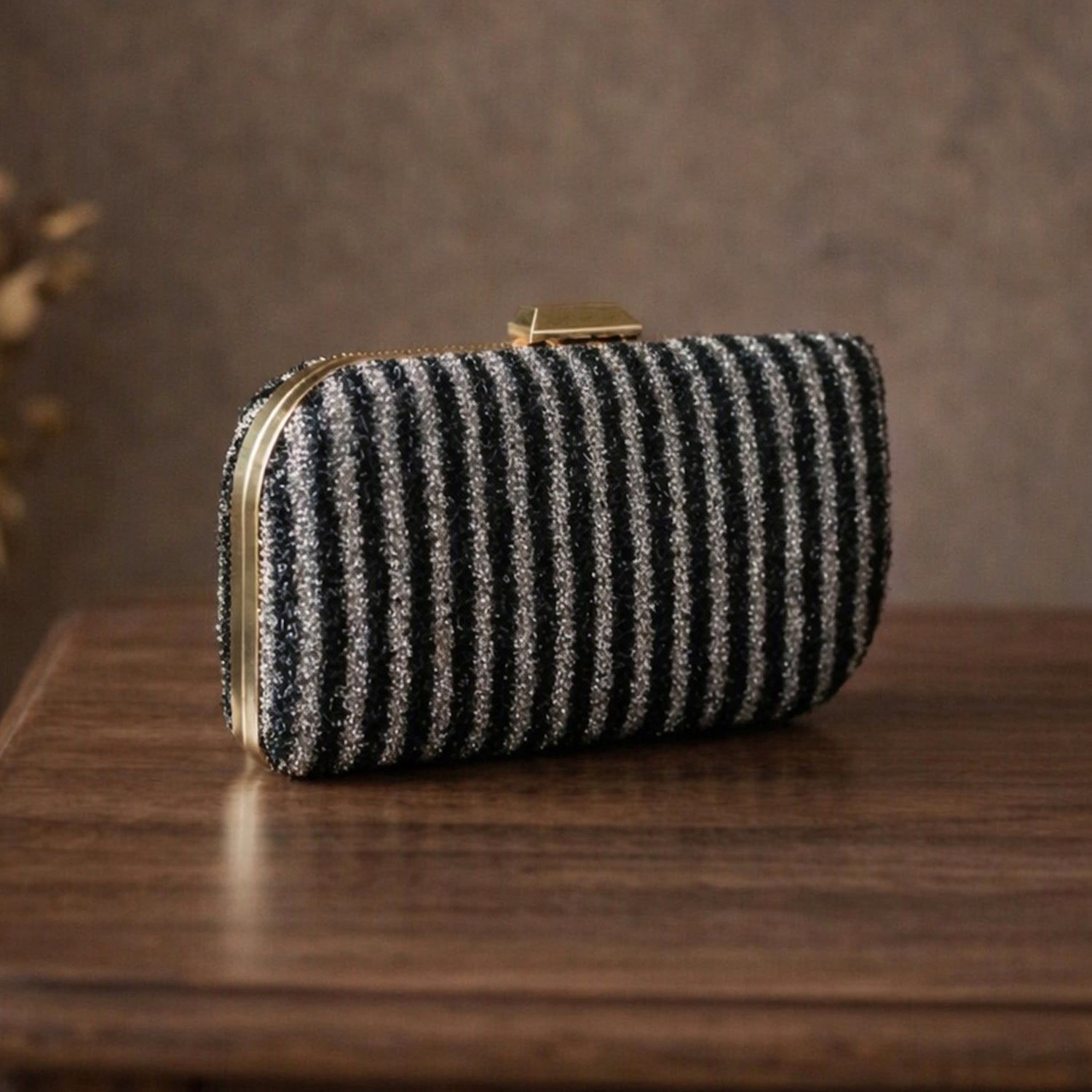 Artklim Black & Silver Striped Glitter Embroidery Clutch