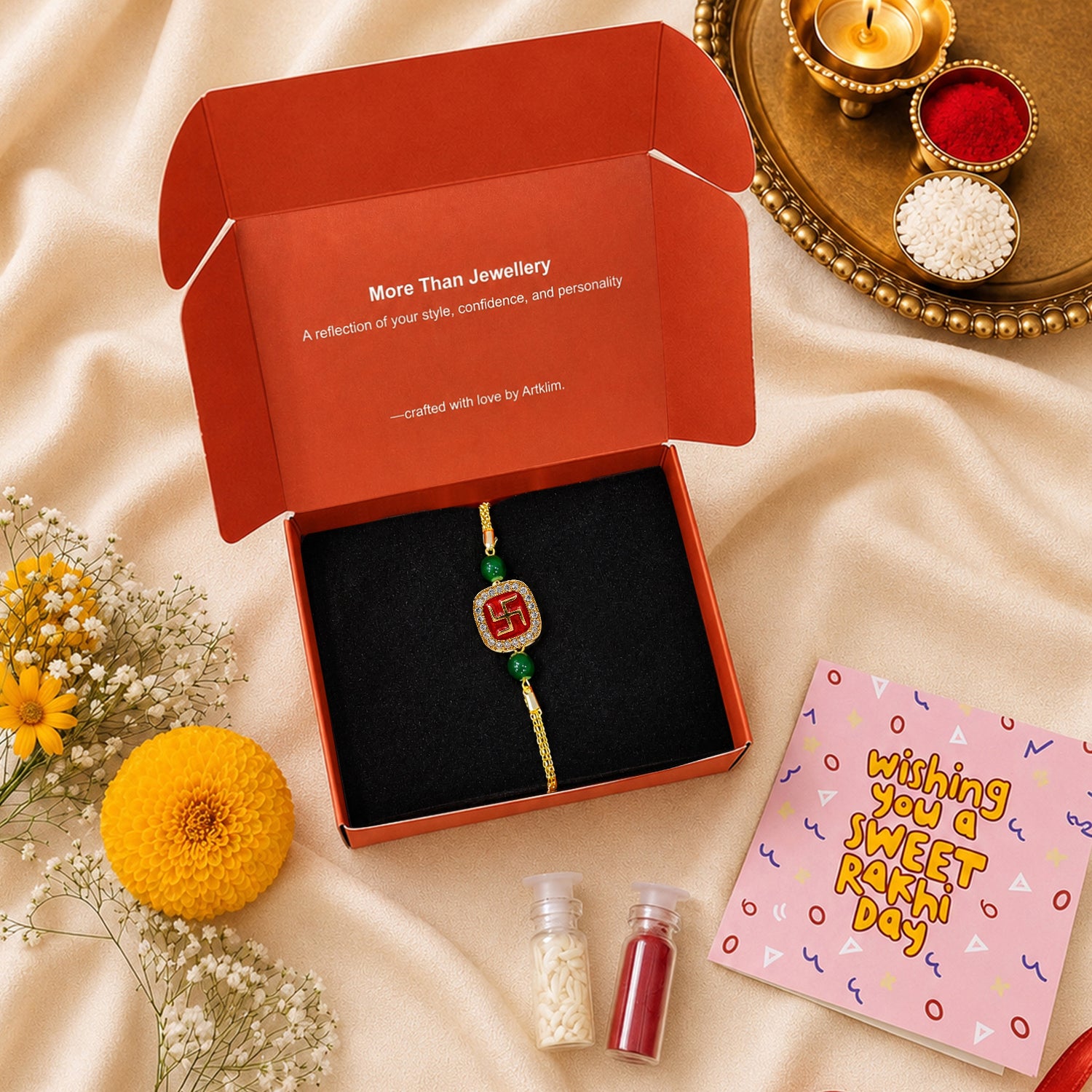 Artklim Gold-Tone Swastik Designer Rakhi with Green Beads