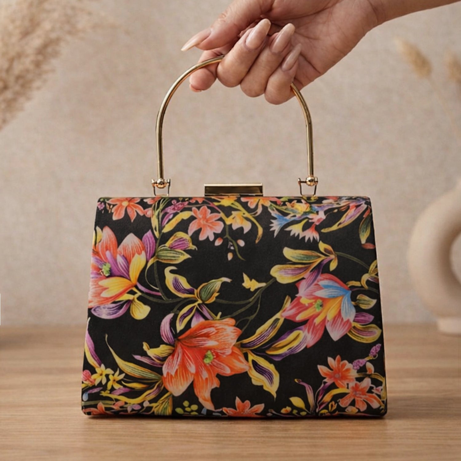 Artklim Printed Black Multicolor Floral Clutch with Hand Embroidery