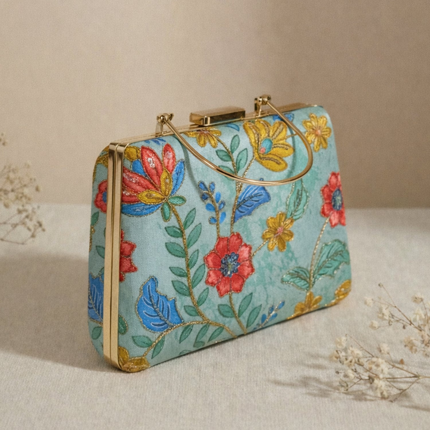 Artklim Pastel Blue Floral Embroidered Clutch