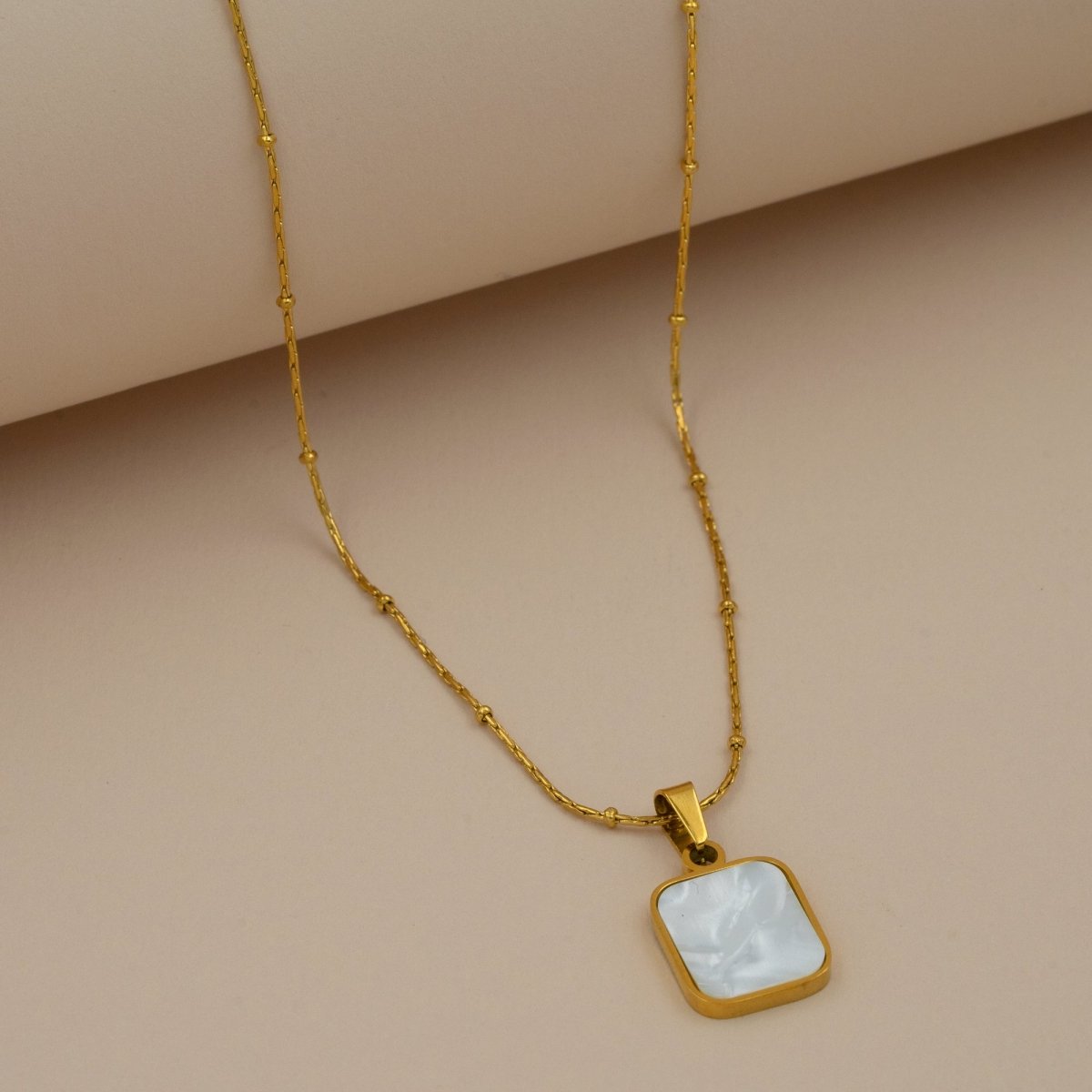 Artklim Gold Plated Square Shaped White MOP Pendant Necklace