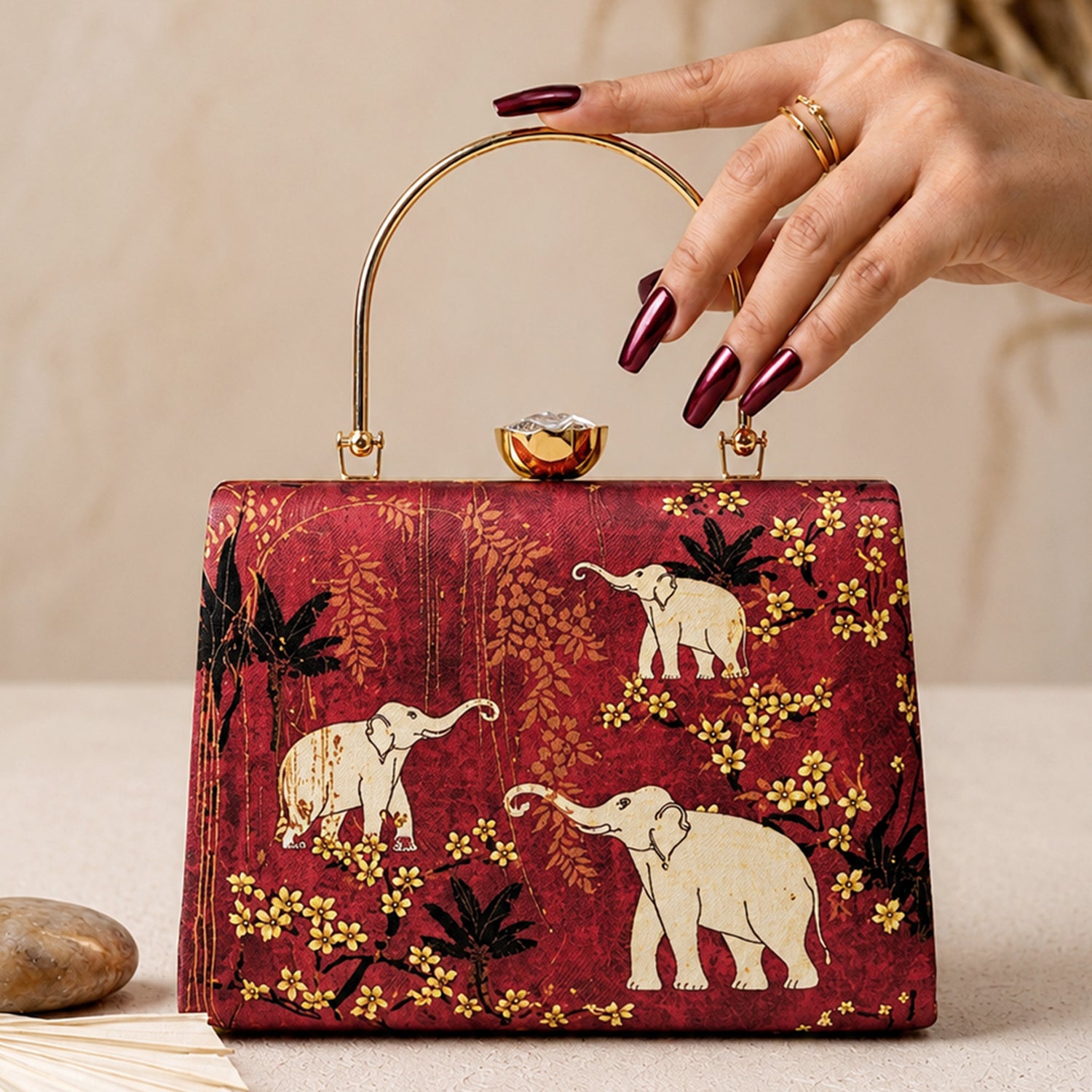Artklim Crimson Elephant Garden Embroidered Clutch