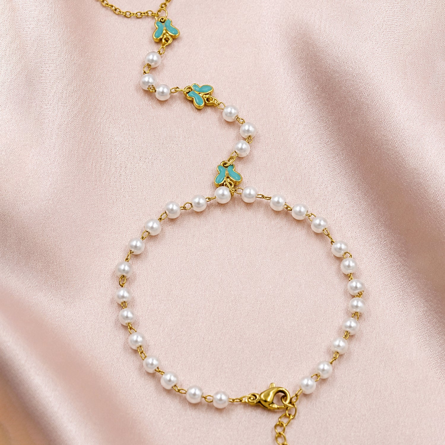 Artklim Gold Plated Pearl Butterfly Hand Harness Anti-Tarnish Hand Chain Bracelet