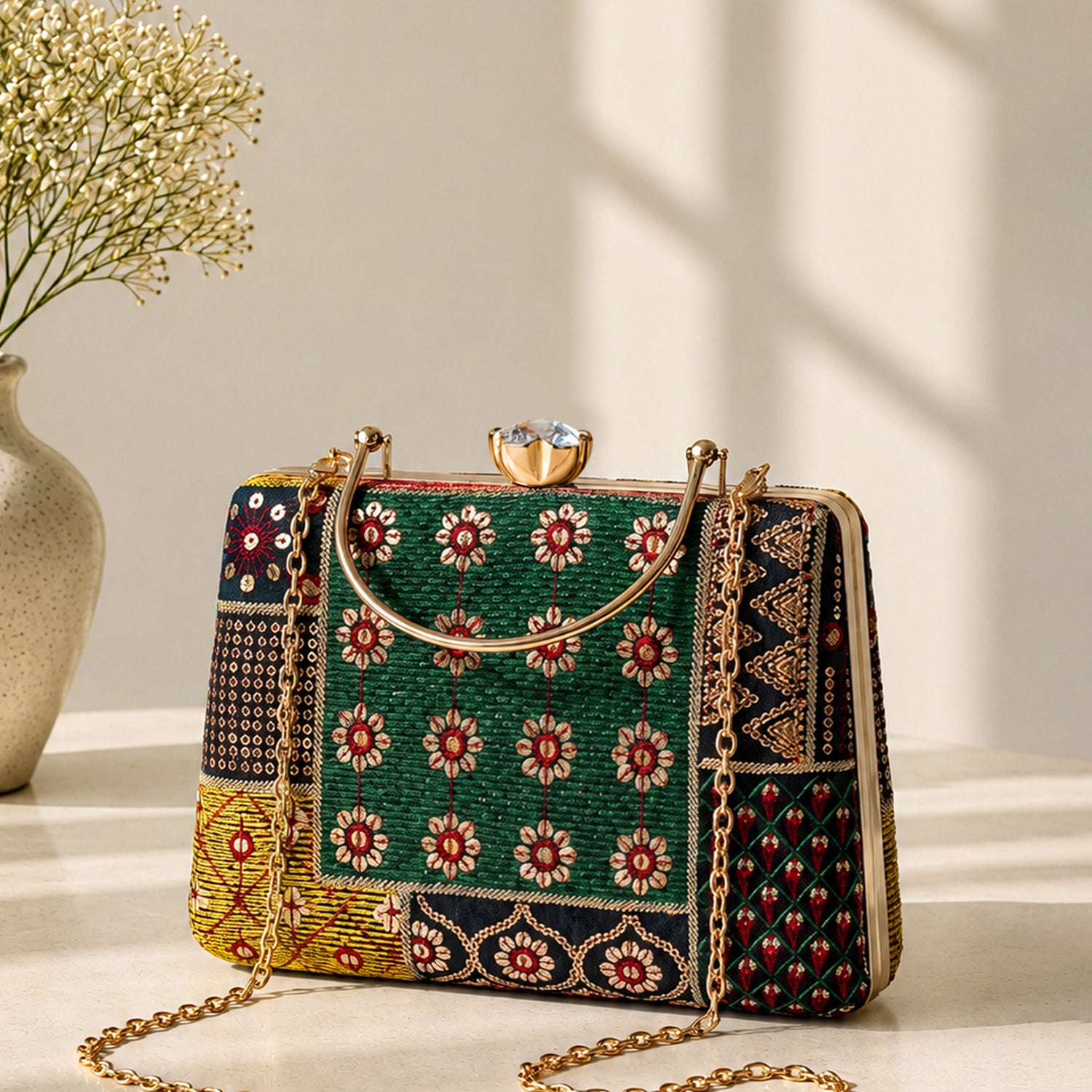 Artklim Green Floral Patchwork Ethnic Embroidery Clutch
