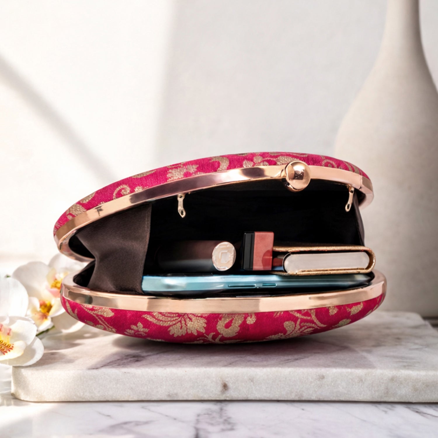 Artklim Magenta Pink Based Silver Floral Pattern Brocade Fabric Oval Clutch