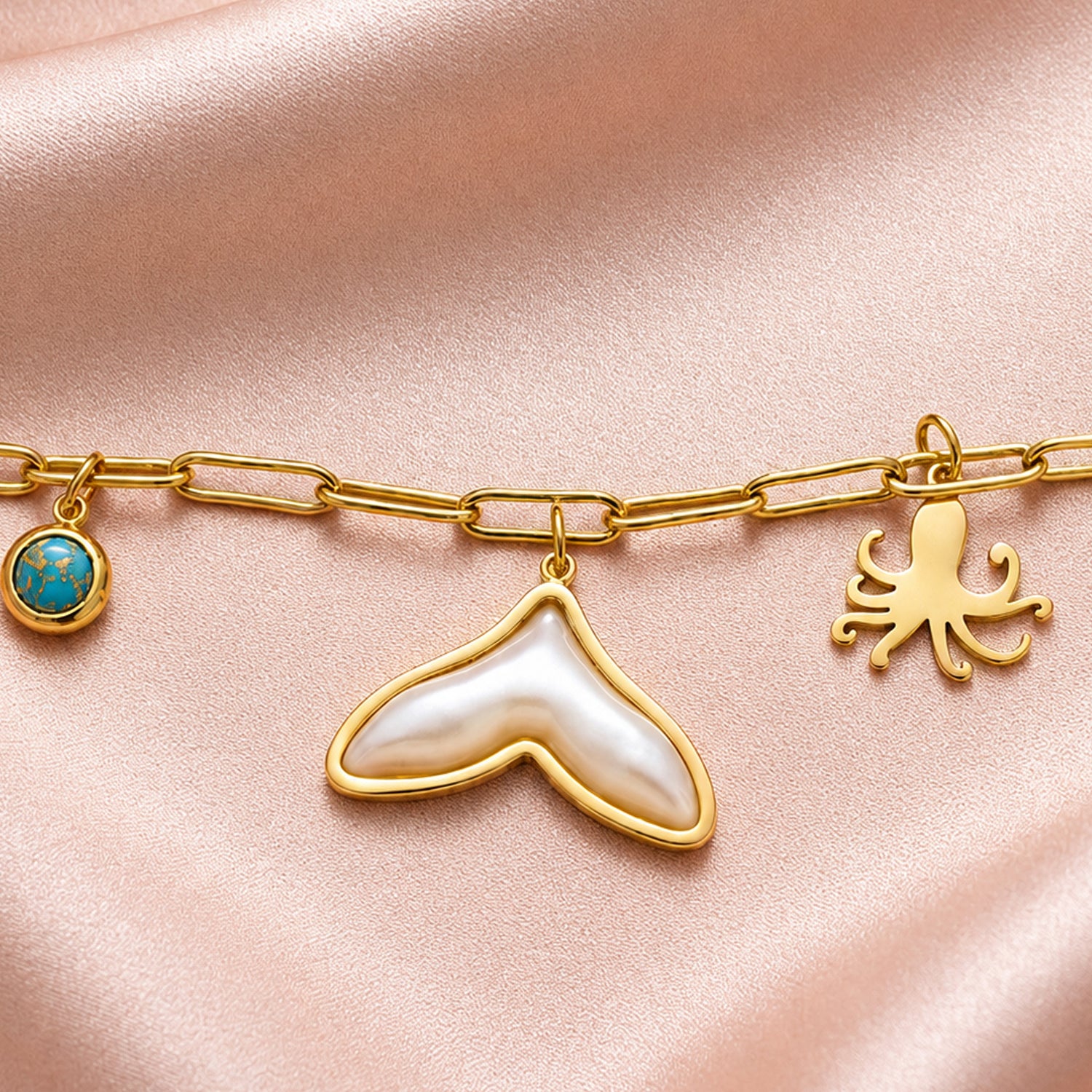 Artklim Ocean Charm Whale Tail Pearl Gold-Tone Anti-Tarnish Bracelet
