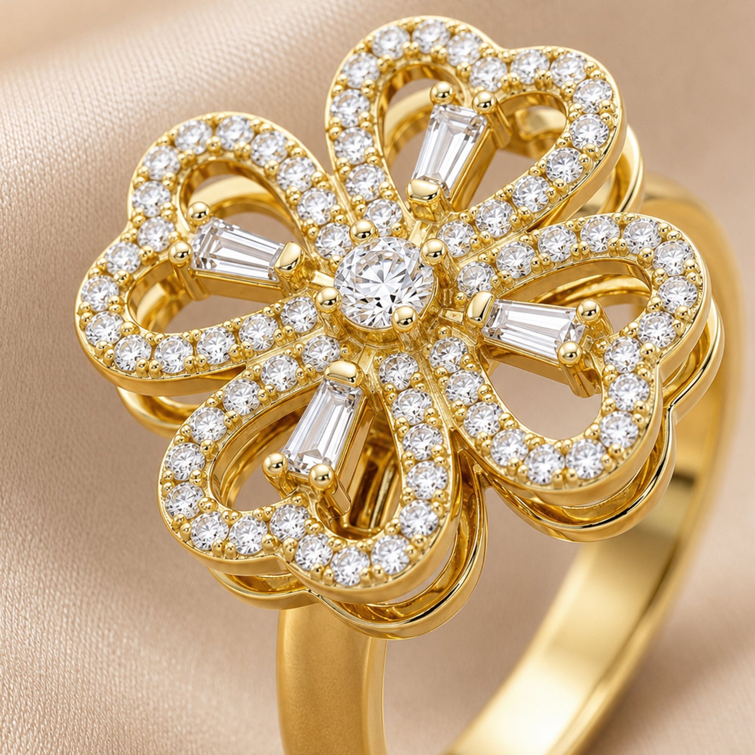 Artklim Gold Revolving Clover Flower Adjustable Anti-Tarnish Copper Ring