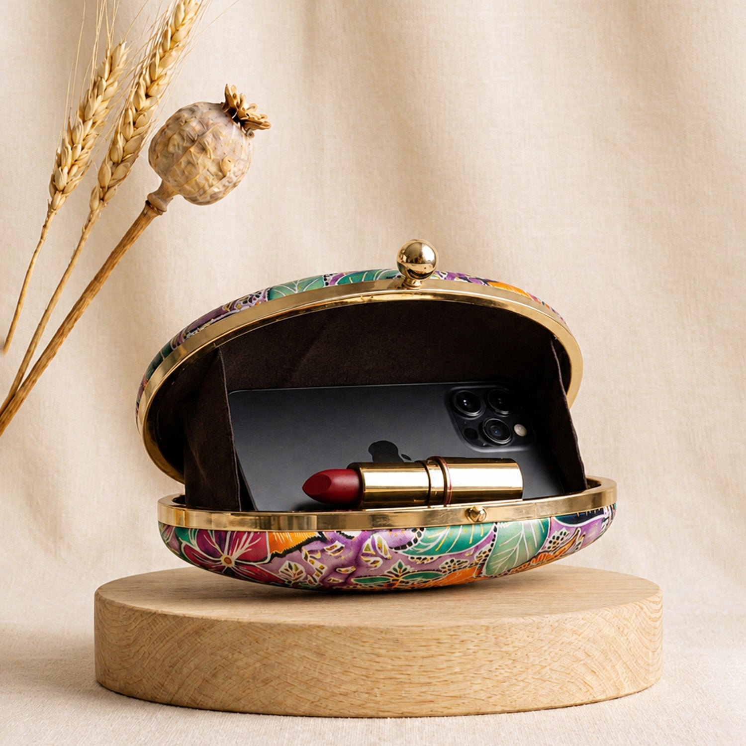 Artklim Multicolor Floral Printed Oval Designer Clutch