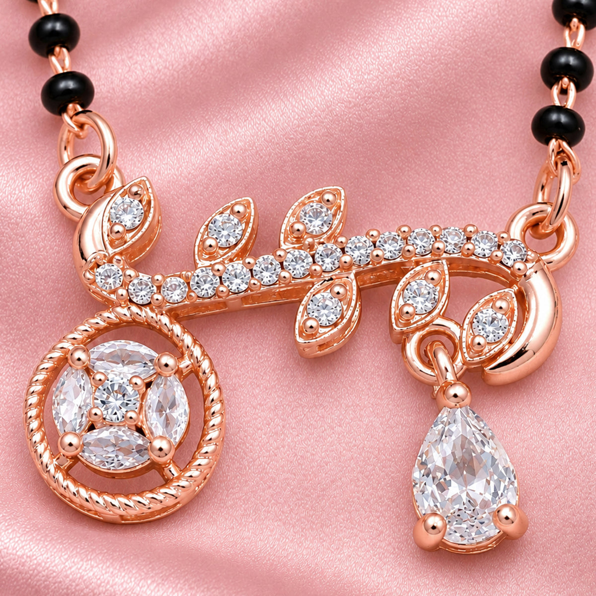 Artklim Elegant Rose Gold-Plated Leaf Design Mangalsutra with Black Beads for Women