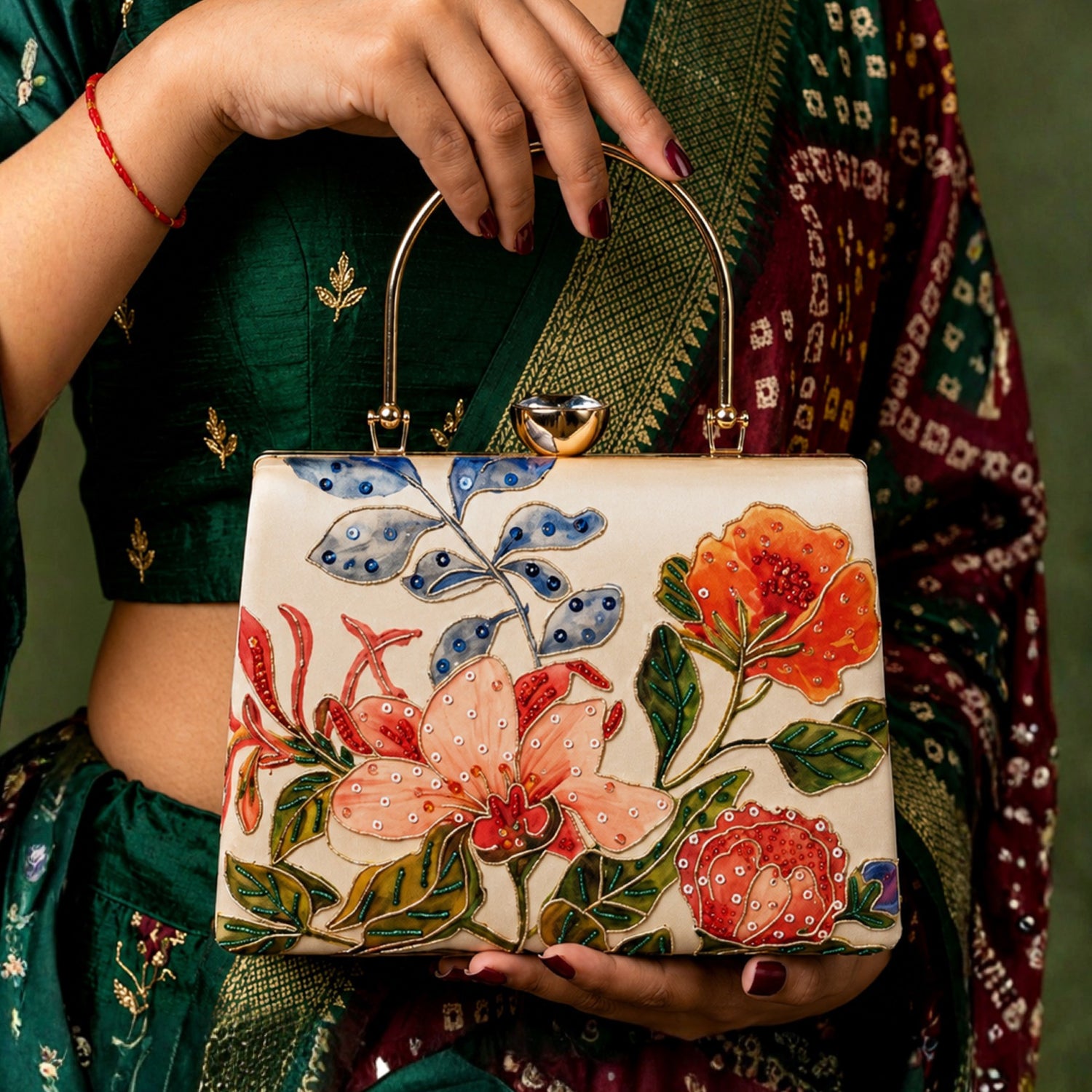 Artklim Printed Luxury Floral Art Clutch with Hand Embroidery