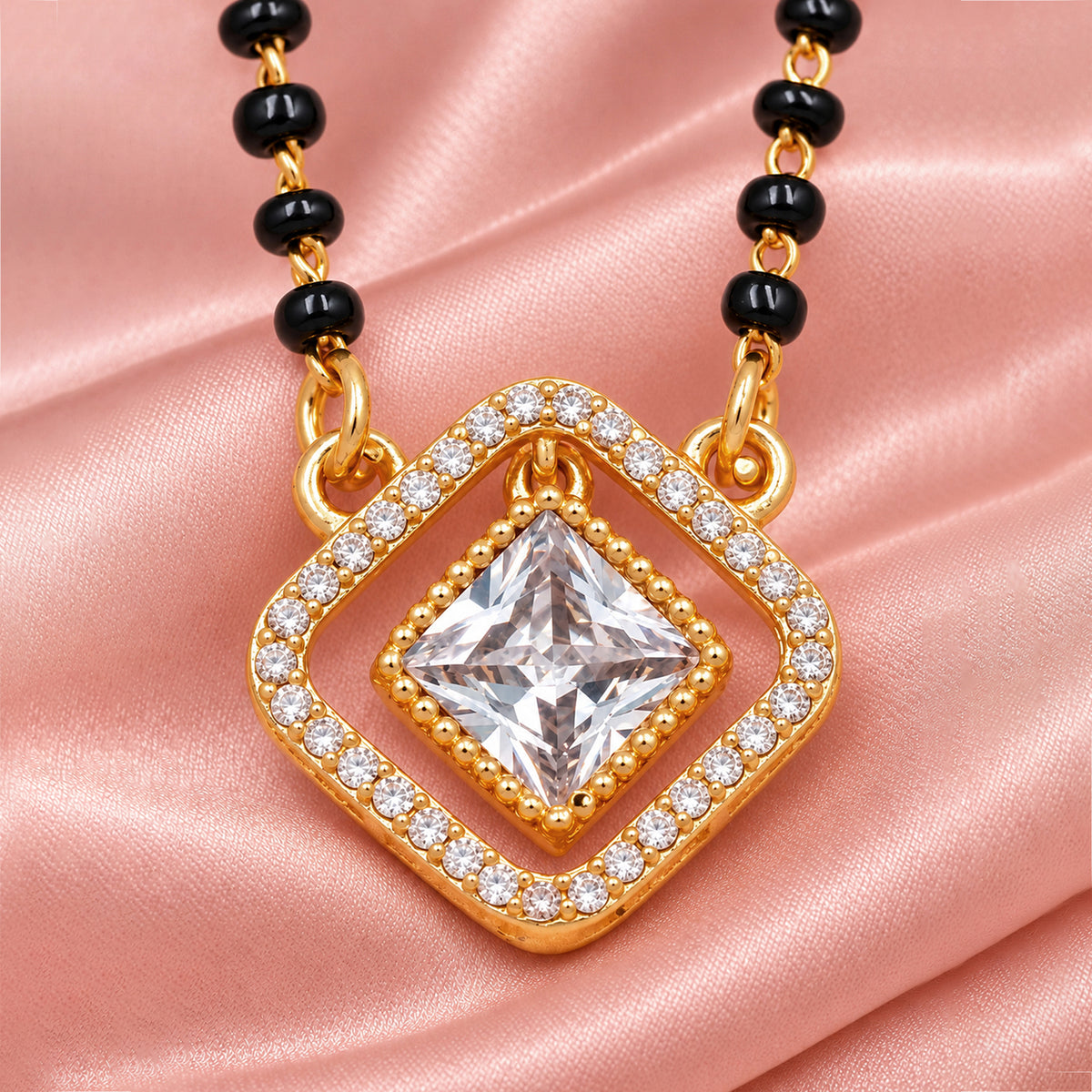 Artklim Elegant Square Solitaire CZ Pendant Gold-Plated Mangalsutra with Black Beads