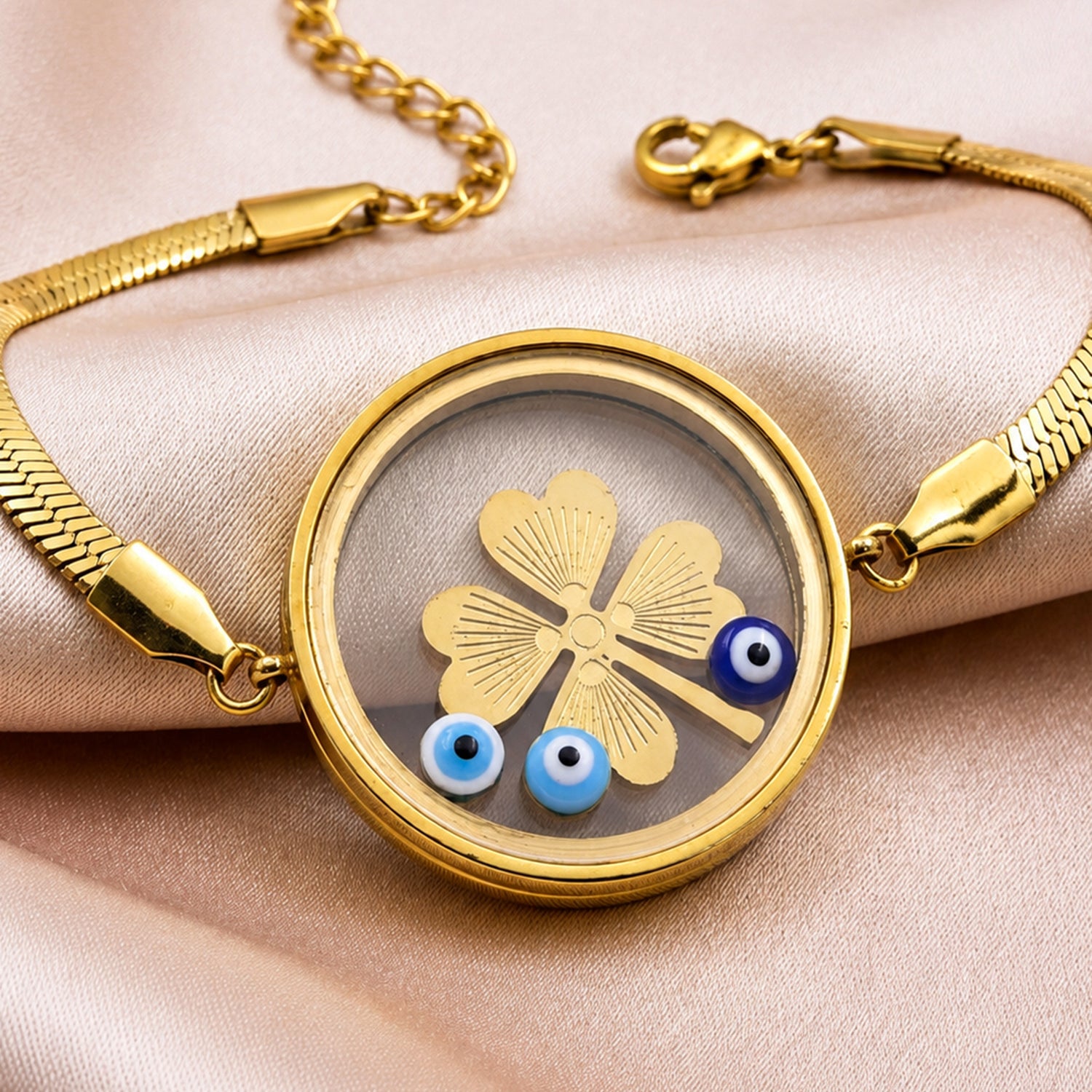 Artklim Gold Plated Evil Eye Clover Charm Anti-Tarnish Bracelet