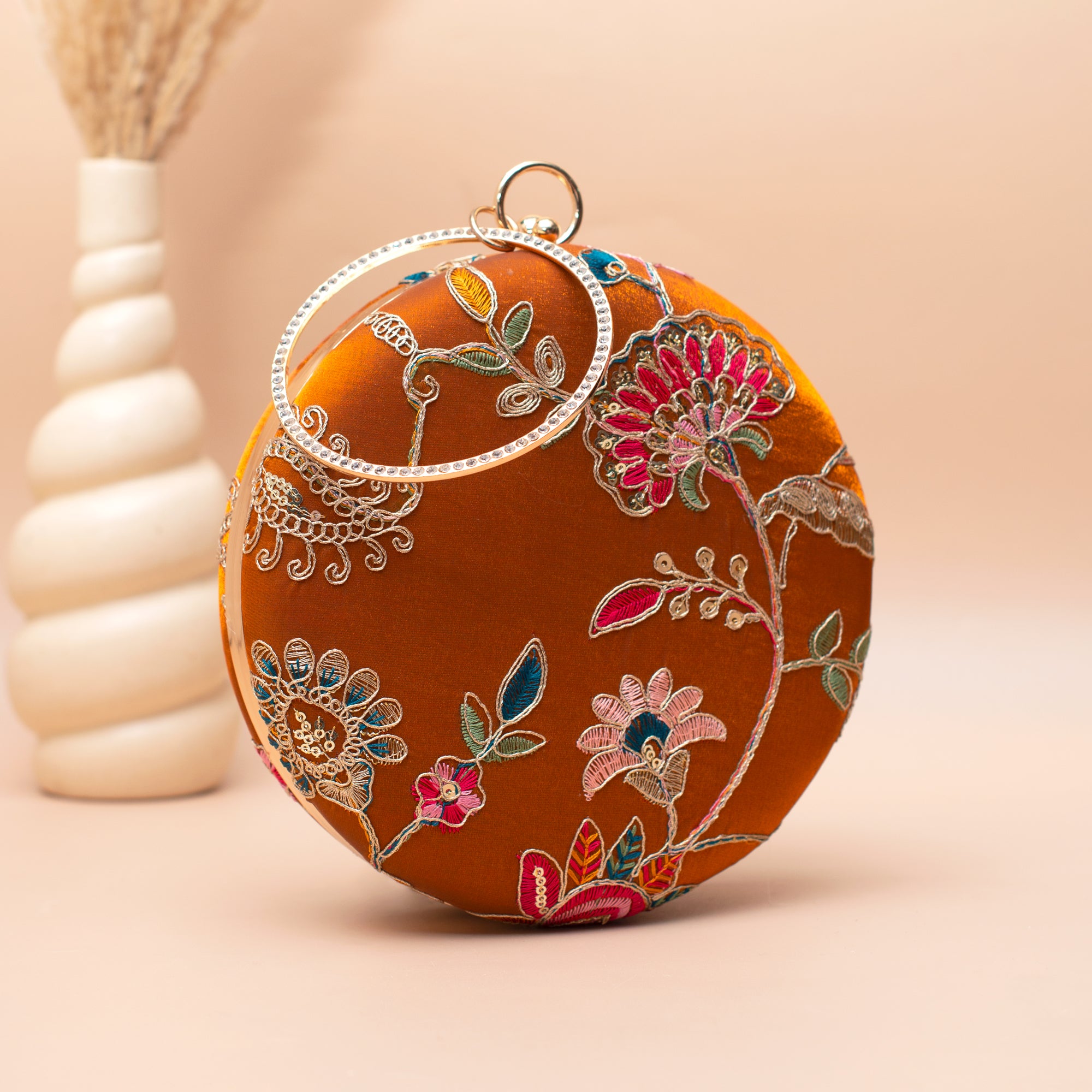 Artklim Burnt Orange Floral Embroidered Clutch