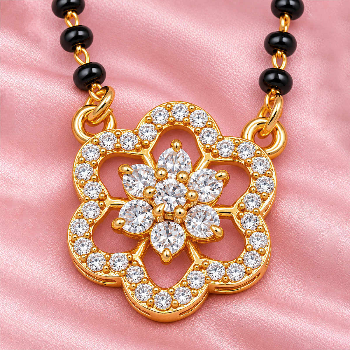 Artklim Beautiful Floral CZ Stone Gold-Plated Mangalsutra with Black Beads