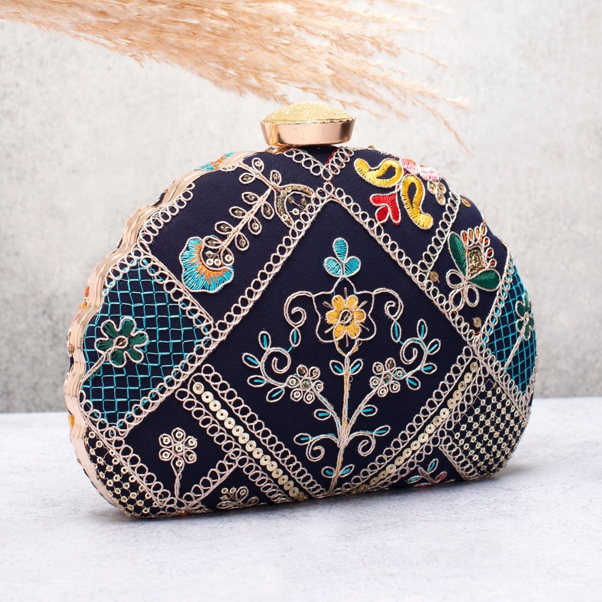 Artklim Black Base Multicolored Threadwork Embroidery Clutch