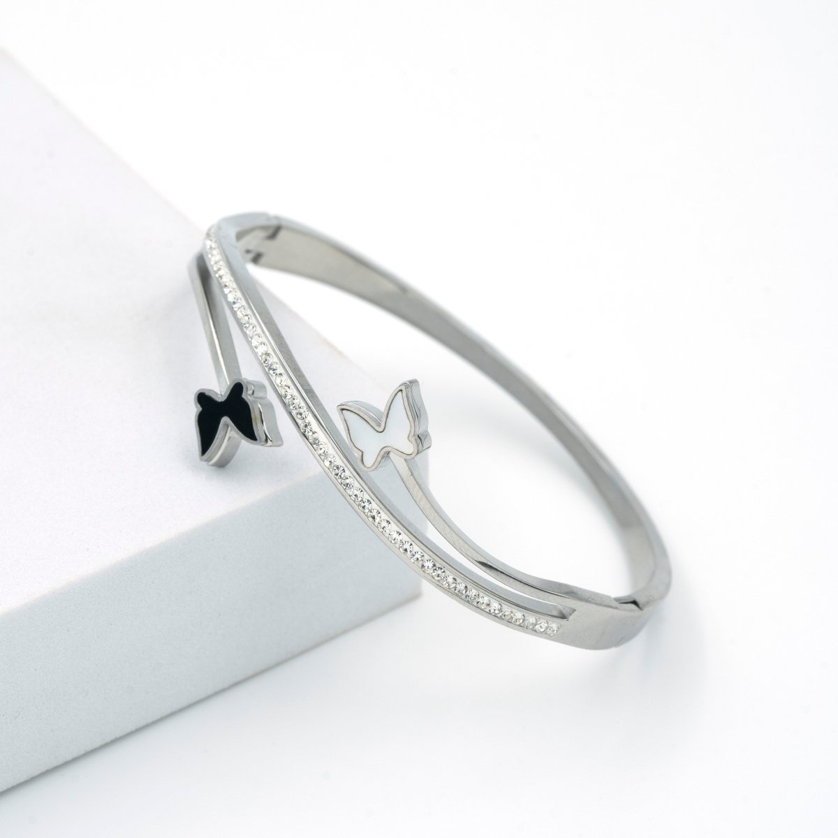 Artklim Silver Plated Black And White Butterfly Bangle Bracelet