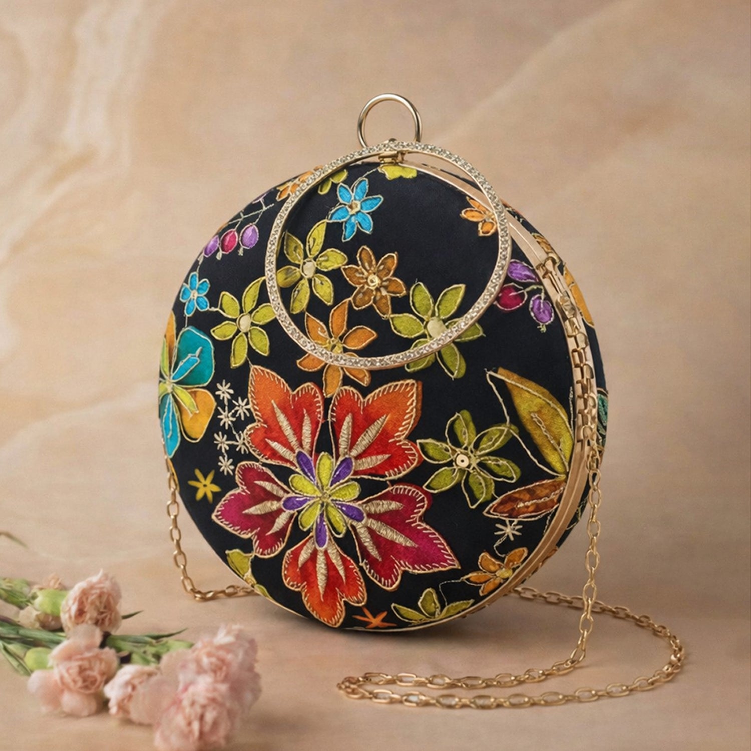 Artklim Royal Black Floral Round Embroidered Clutch