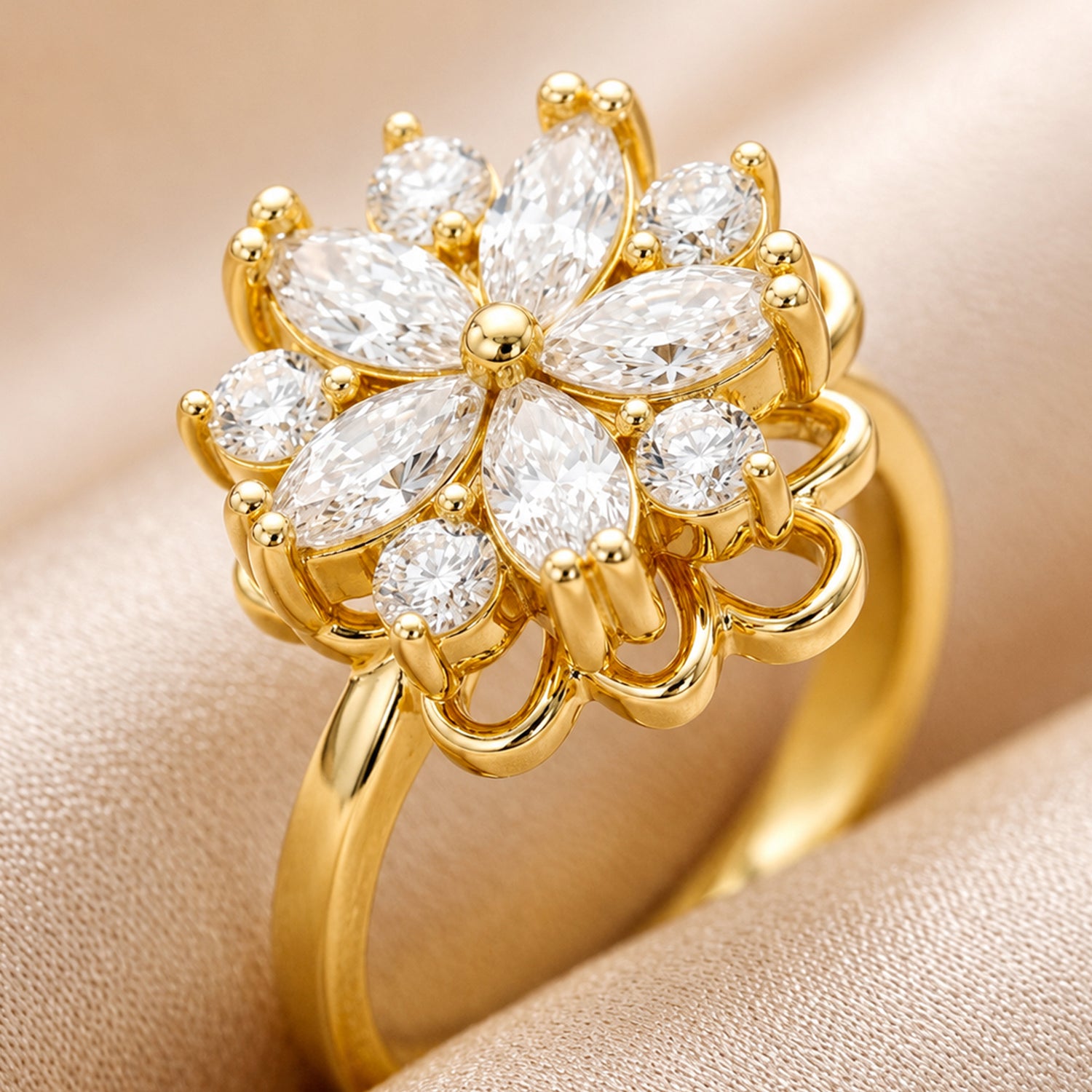 Artklim Gold Bloom Revolving Zircon Flower Adjustable Anti-Tarnish Copper Ring