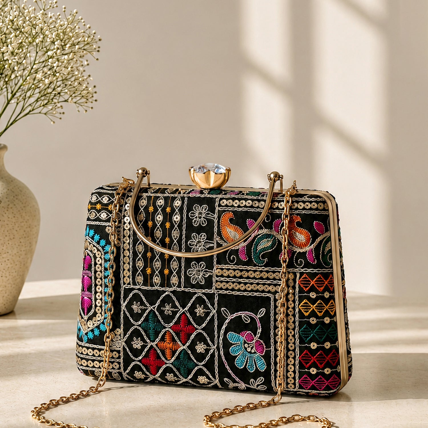 Artklim Black Multicolor Patchwork Designer Embroidery Clutch