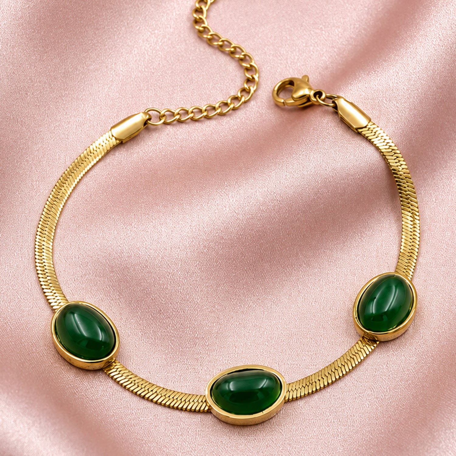Artklim Emerald Oval Stone Snake Chain Anti-Tarnish Bracelet