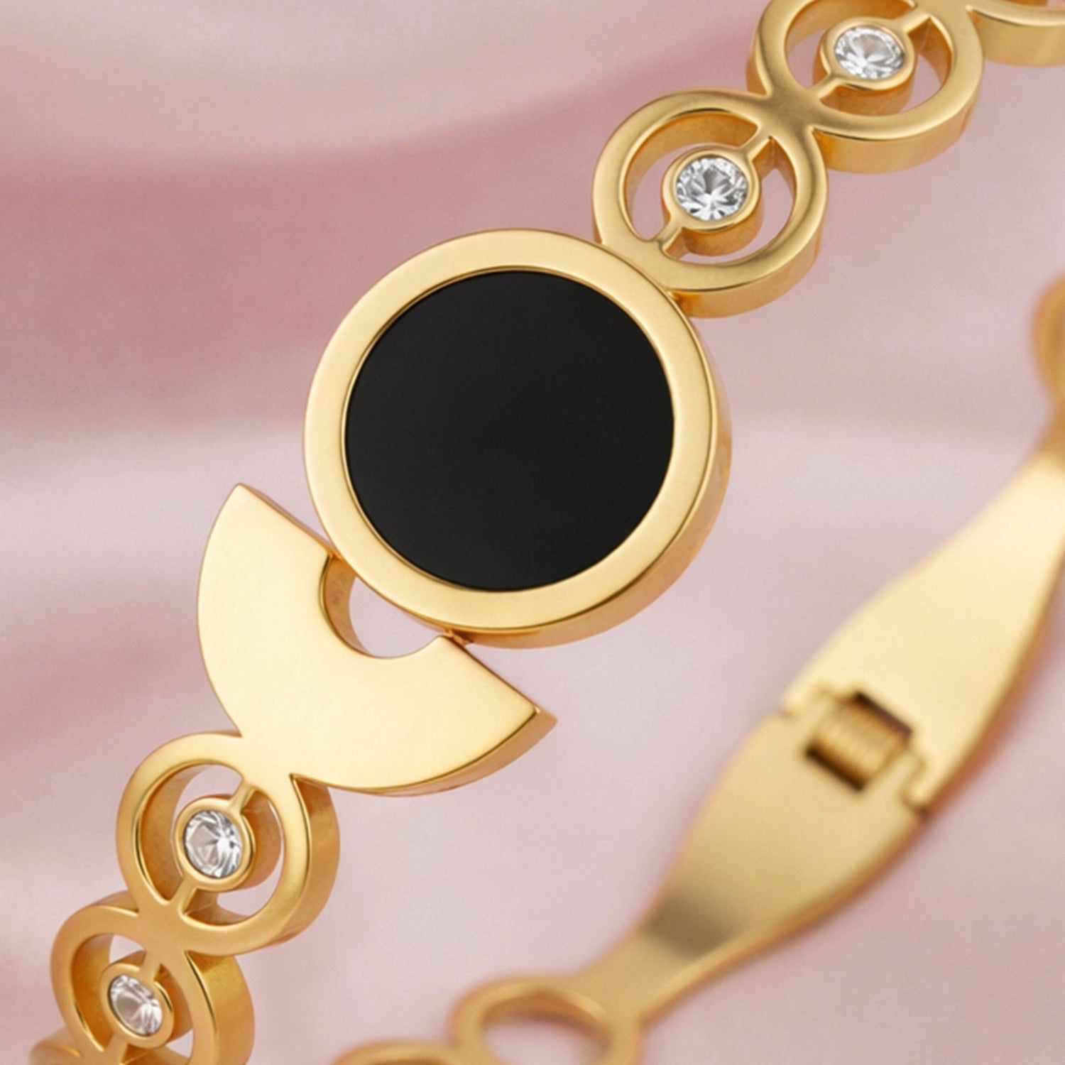 Artklim Gold Plated Elegant Open Cuff with Round Charm Anti-Tarnish Bangle Bracelet