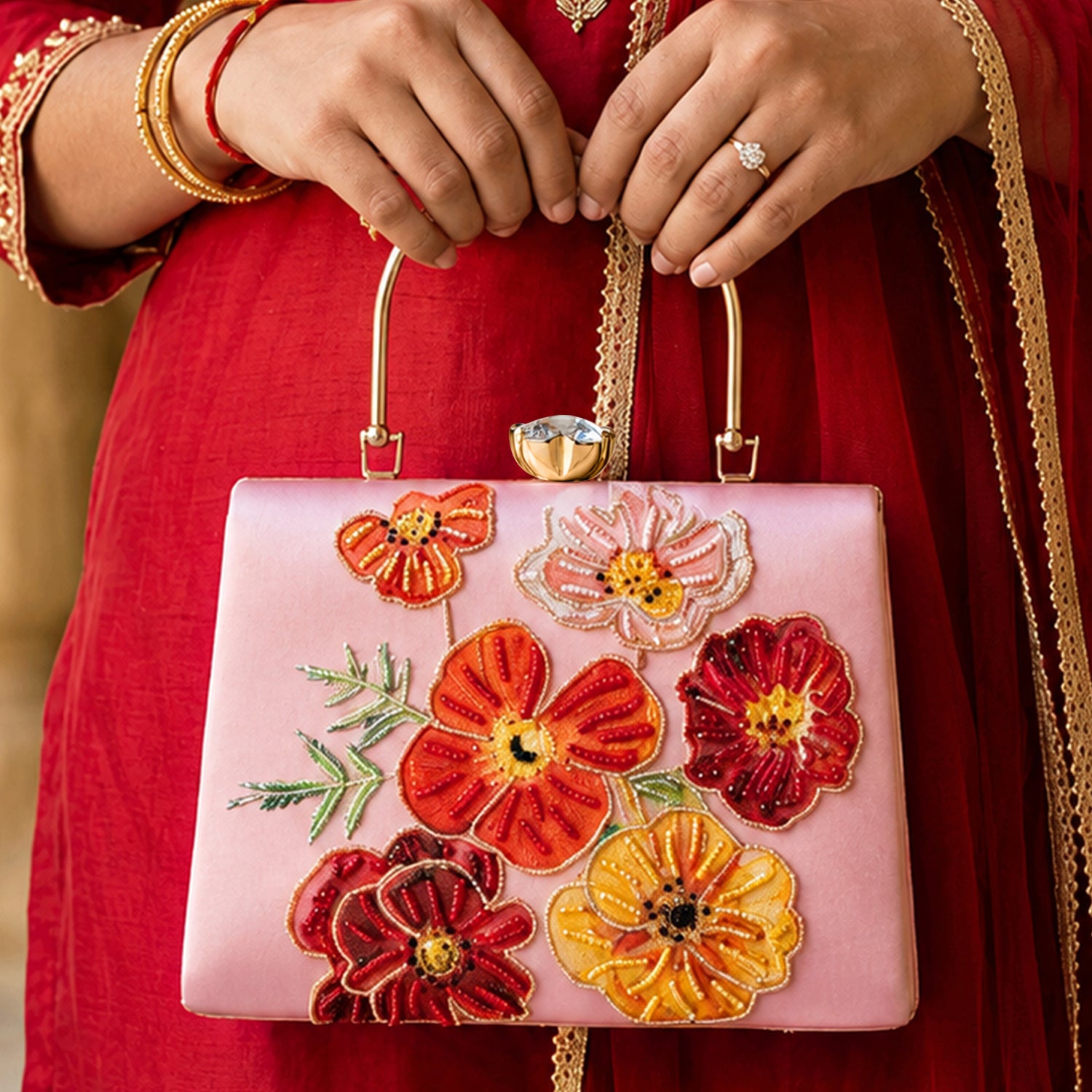 Artklim Printed Blossom Elegance Floral Clutch with Hand Embroidery