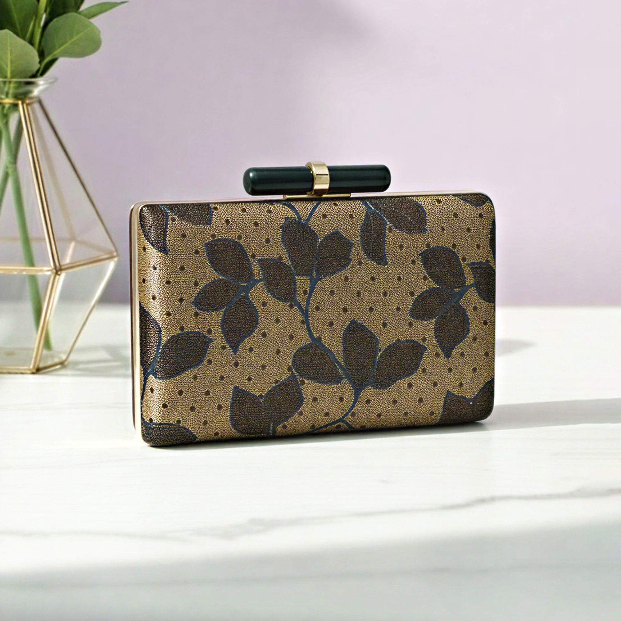 Artklim Beige Gold Floral Embroidered Clutch