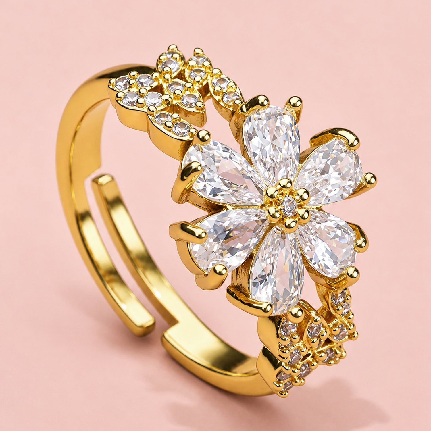 Artklim Delicate Floral Crystal Gold Anti-Tarnish Ring