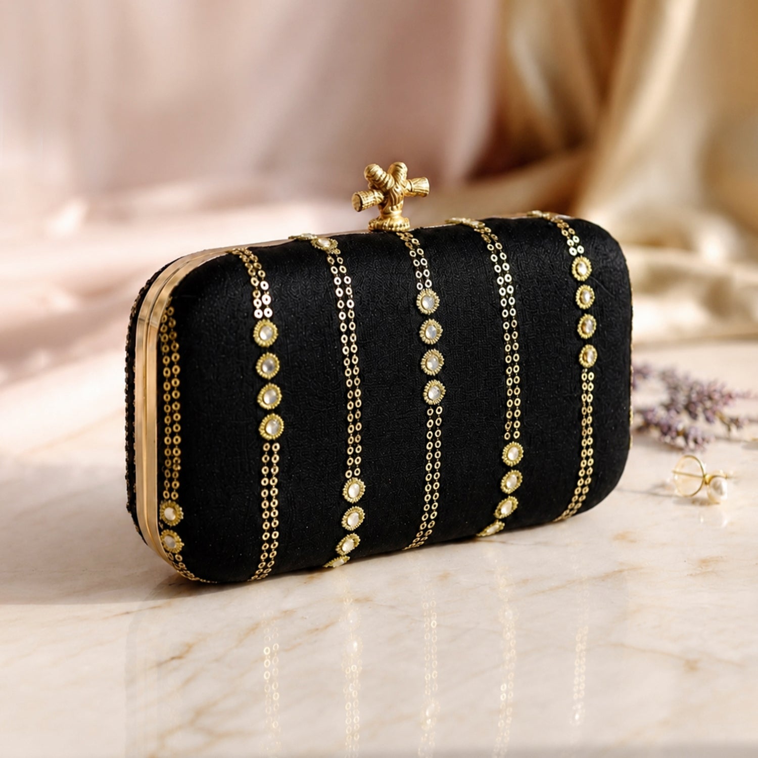 Artklim Elegant Black Embellished Embroidered Clutch Bag
