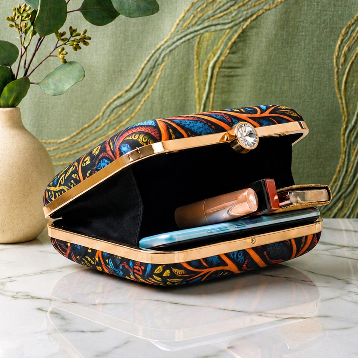 Artklim Peacock Feather Printed Designer Chain Clutch