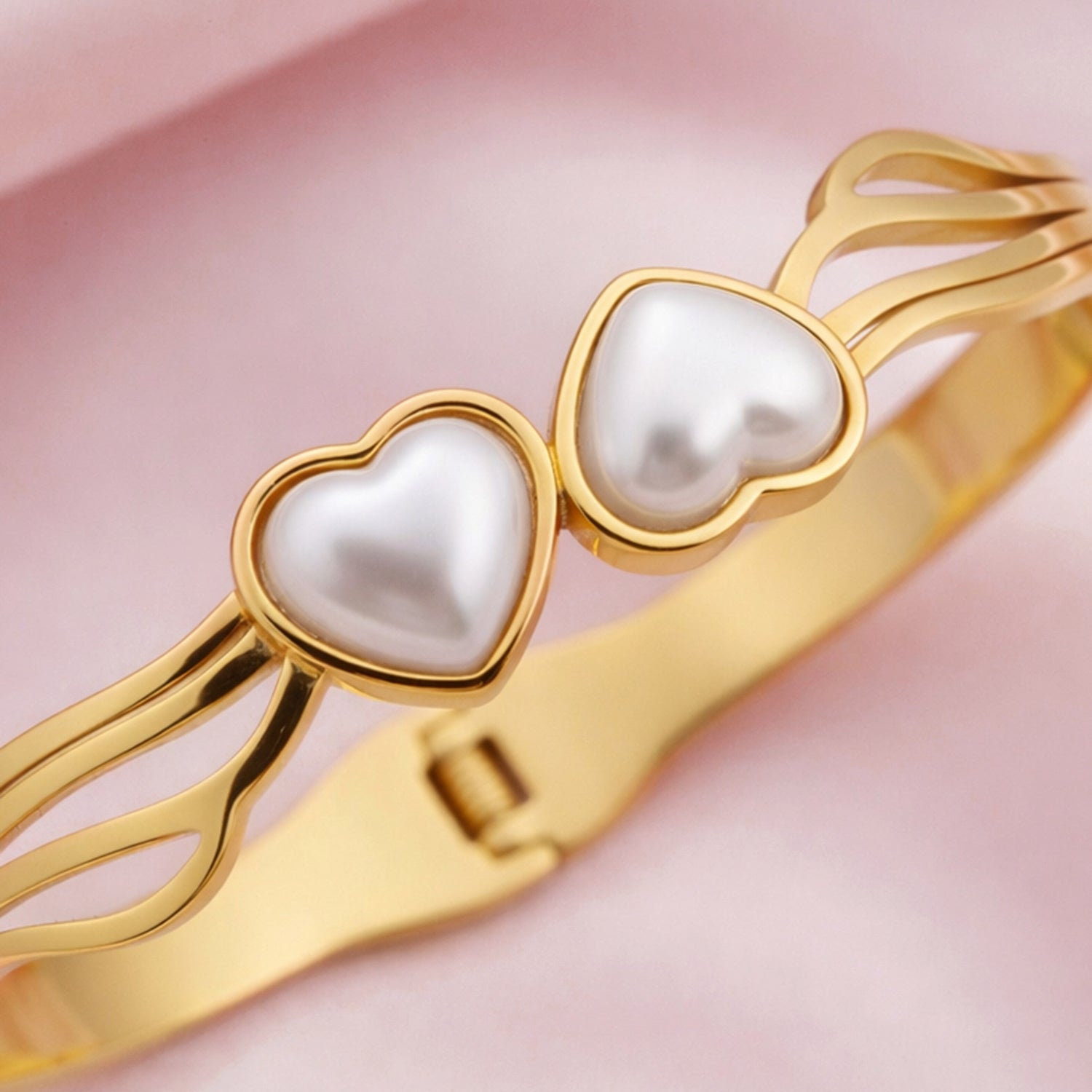 Artklim Gold Plated Elegant Open Cuff with Double Heart Anti-Tarnish Bangle Bracelet