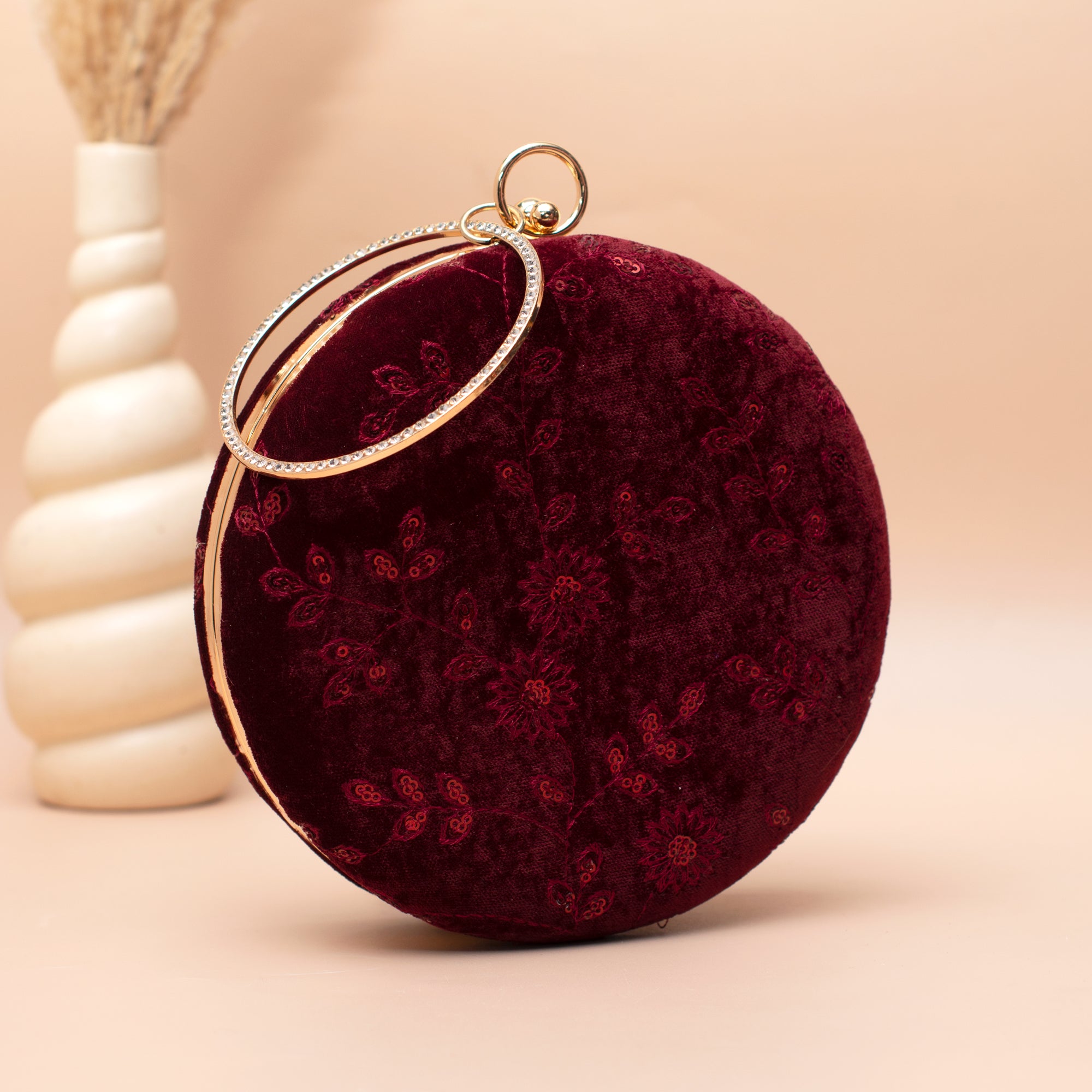 Artklim Velvet Maroon Floral Embroidered Clutch