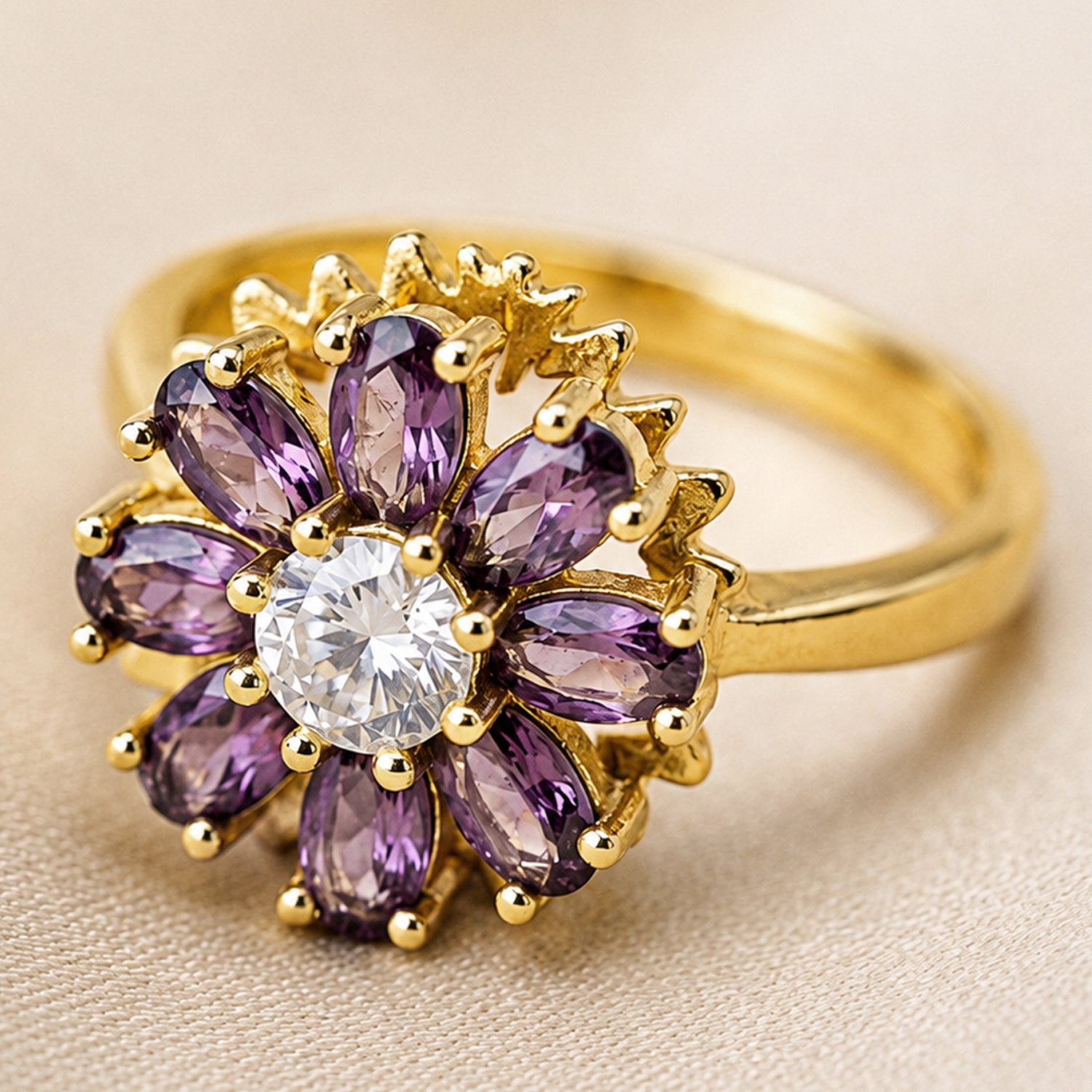 Artklim Gold Violet Petal Revolving Flower Crystal Adjustable Anti-Tarnish Copper Ring