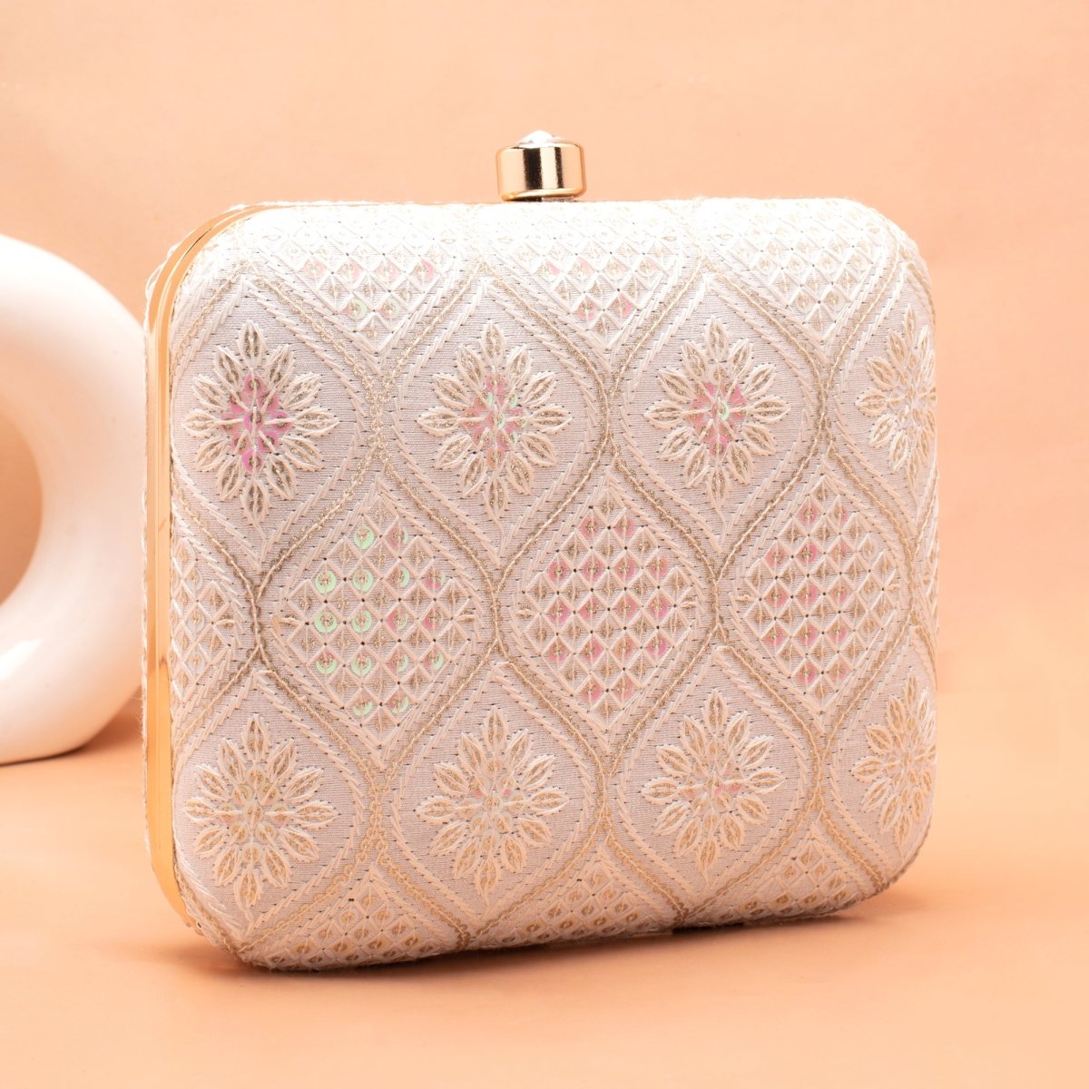 Artklim White Base Pink And White Threadwork Embroidery Clutch