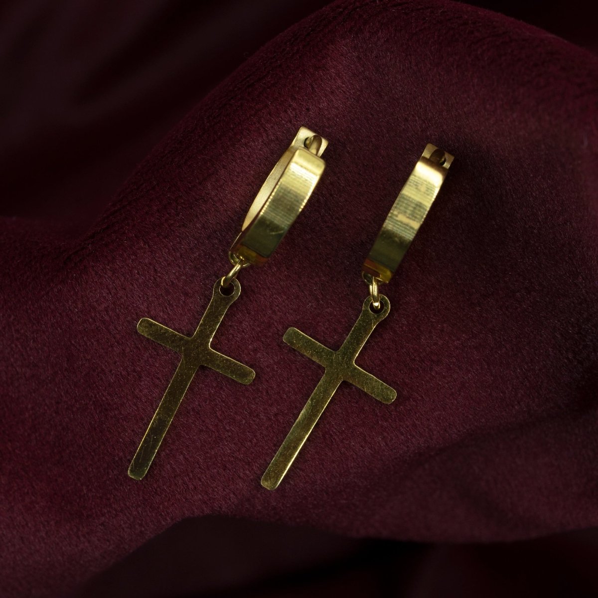 Artklim Gold Plated Cross Drop Hoop Earrings