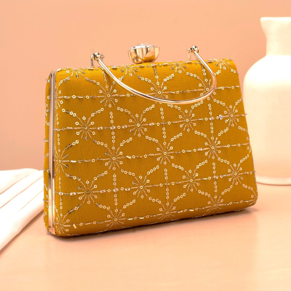 Artklim Mustard Yellow Sequins Embroidery Clutch