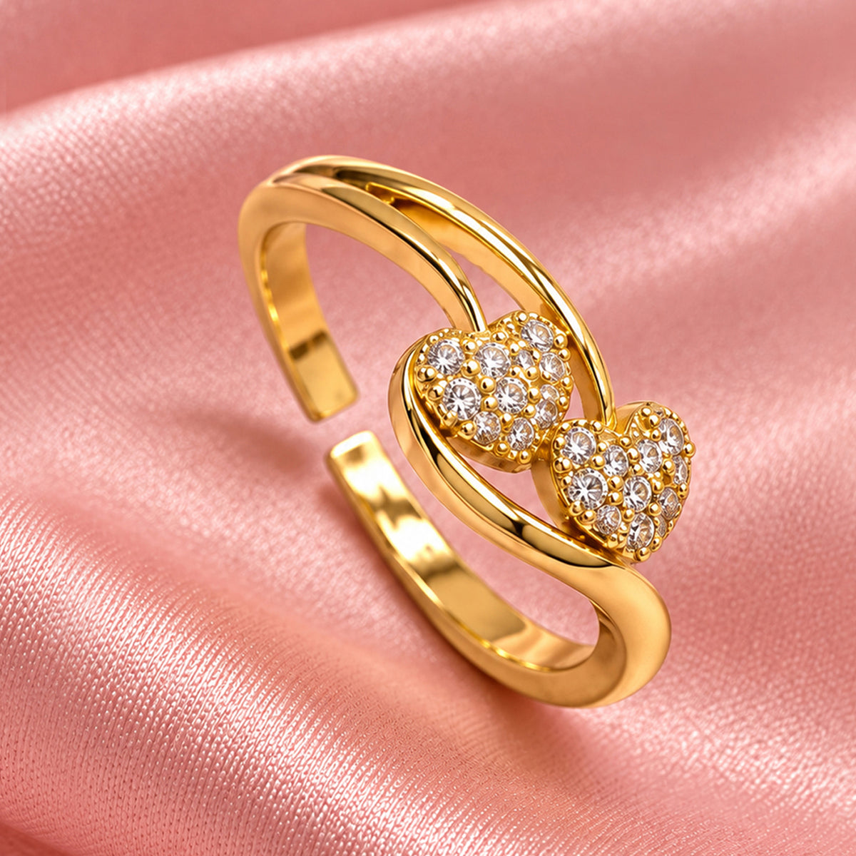 Artklim Chic Twin Heart Sparkle Gold-Tone Anti-Tarnish Ring