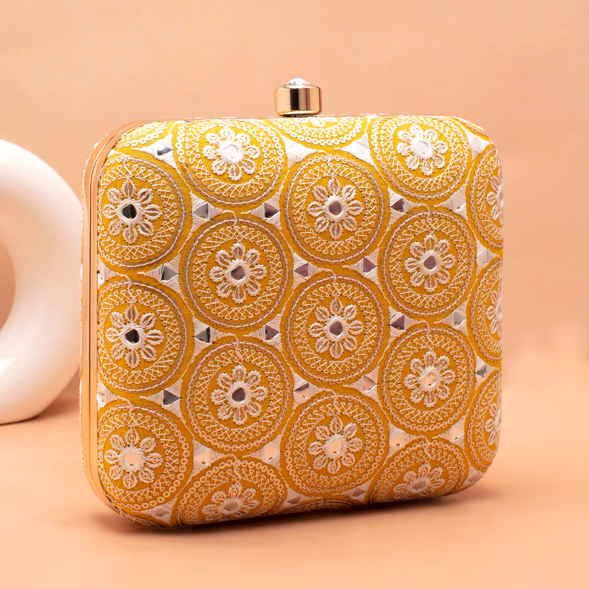 Artklim Yellow Based White Threadwork Embroidery Clutch