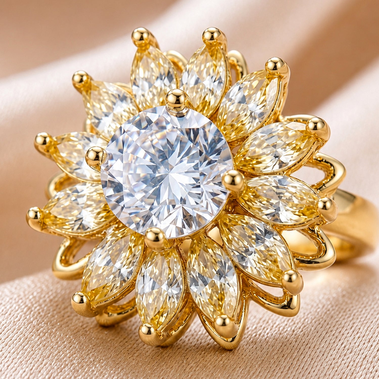 Artklim Golden Sunflower Revolving Crystal Adjustable Anti-Tarnish Copper Ring