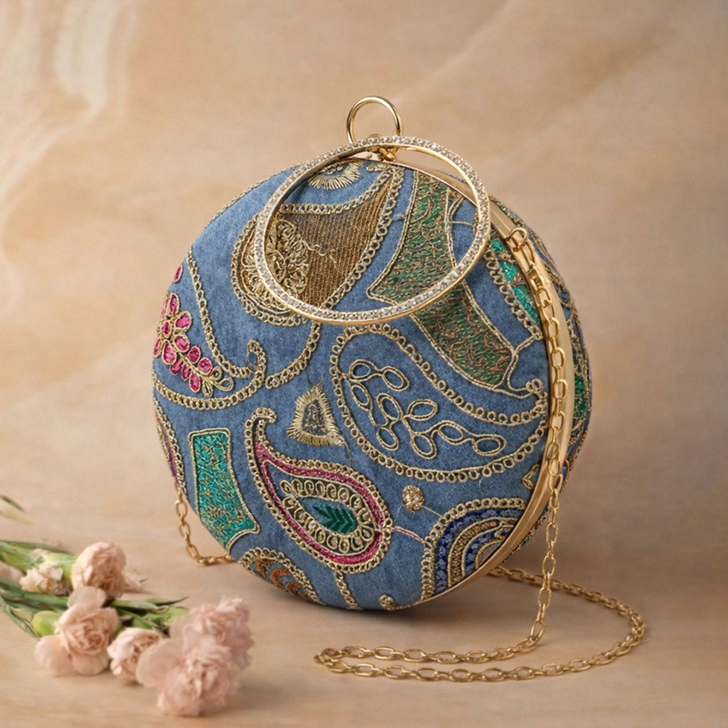 Artklim Royal Blue Round Embroidered Clutch
